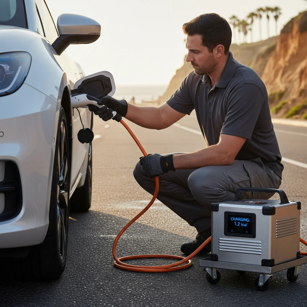 Close view of a charging cable seated in an EV port on a paved roadside