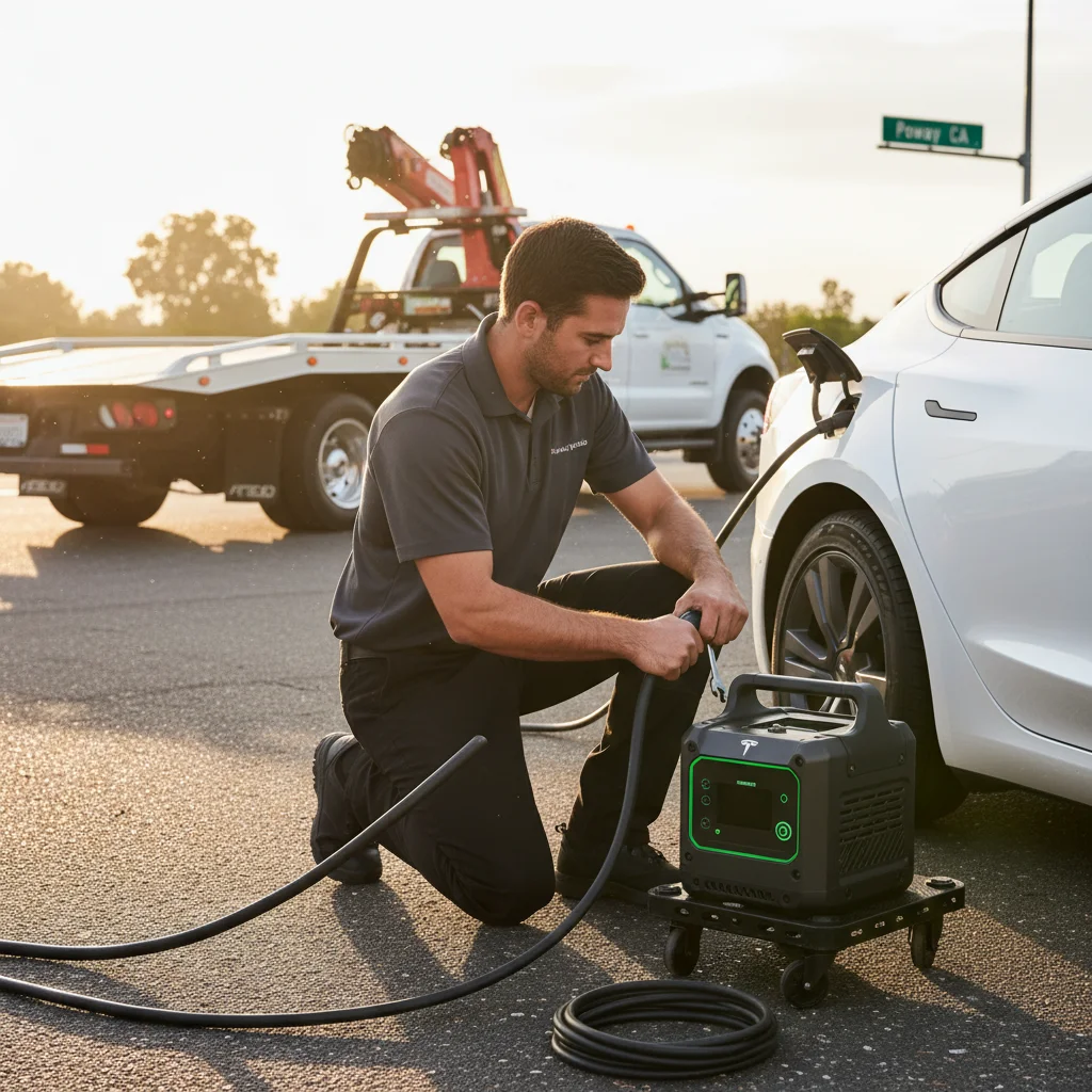 Charging connector seated in an EV charge port during an on-site rescue