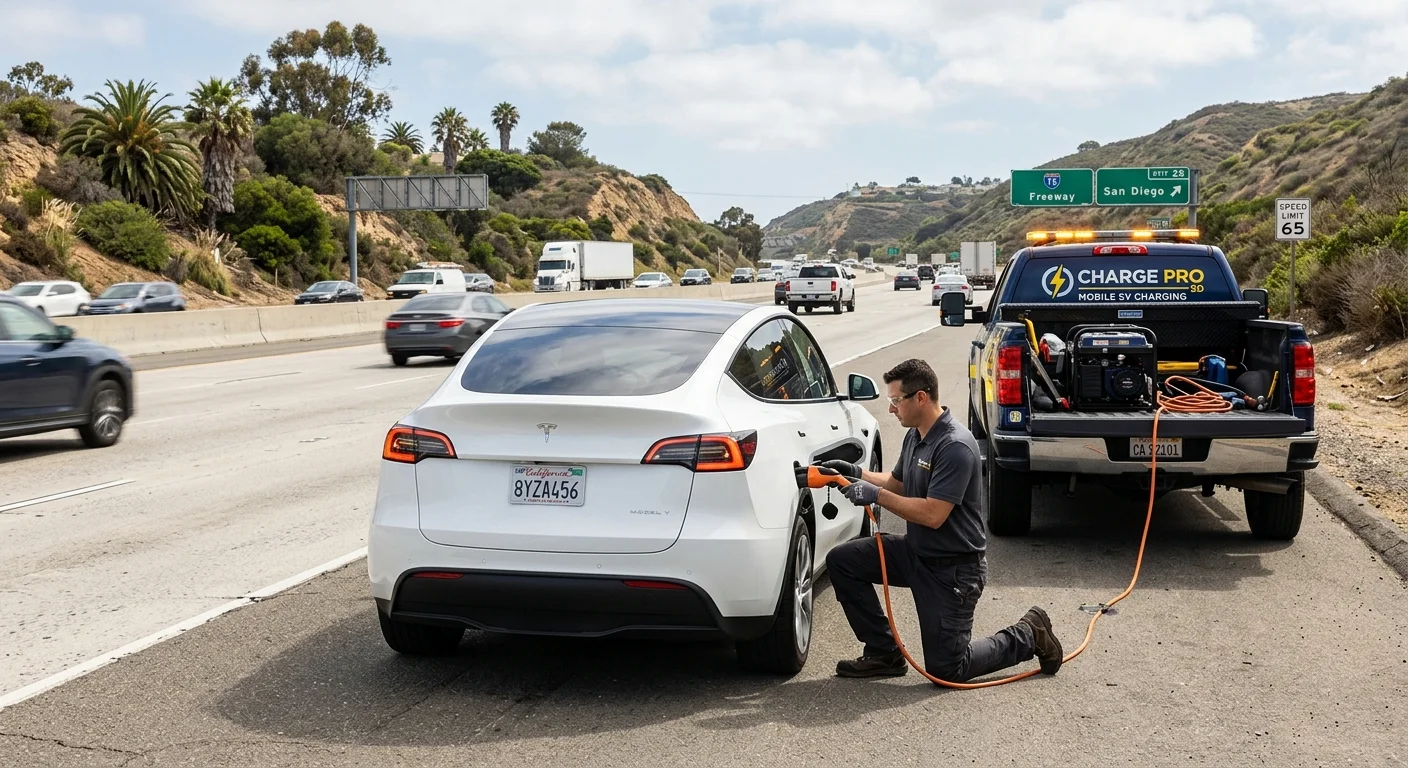 A parked electric car on a highway shoulder with hazard lights on while a driver waits beside it