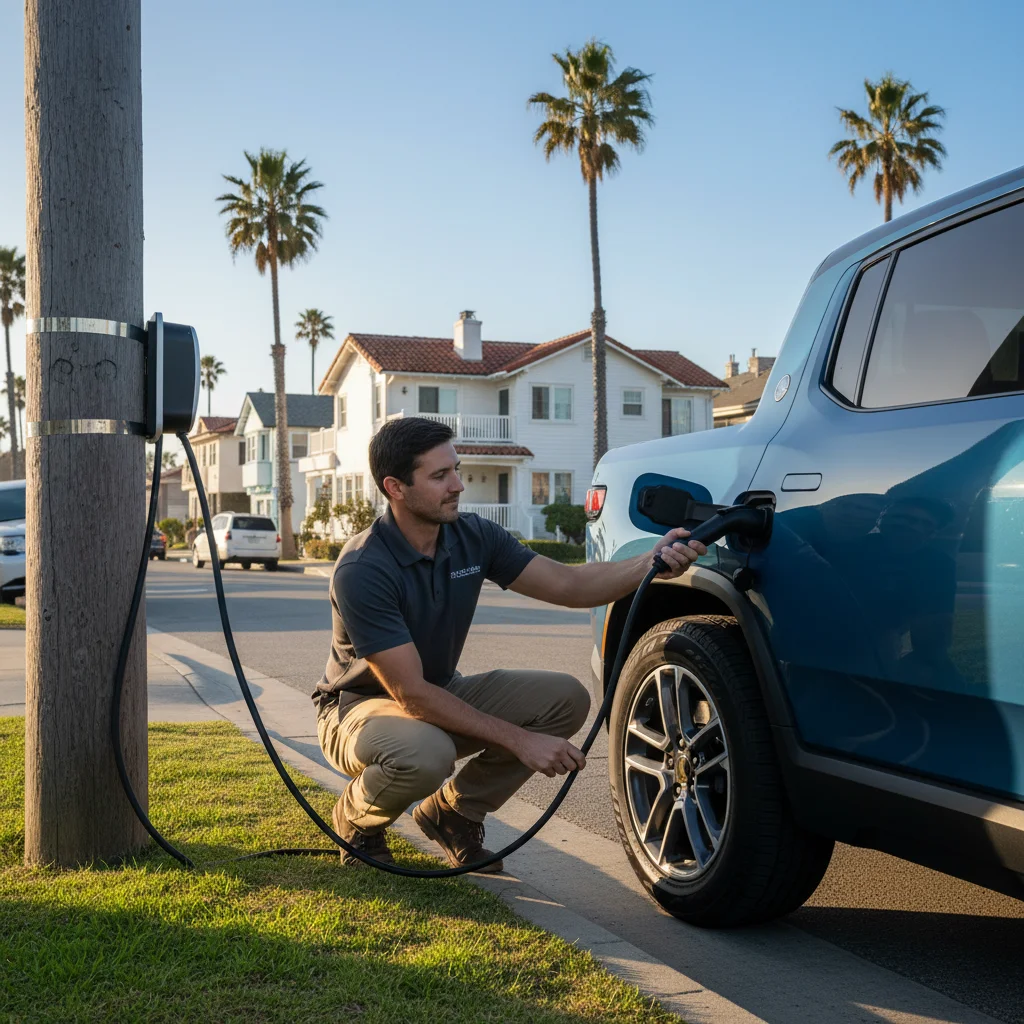 Technician connecting a charging cable to an electric car port at the curb