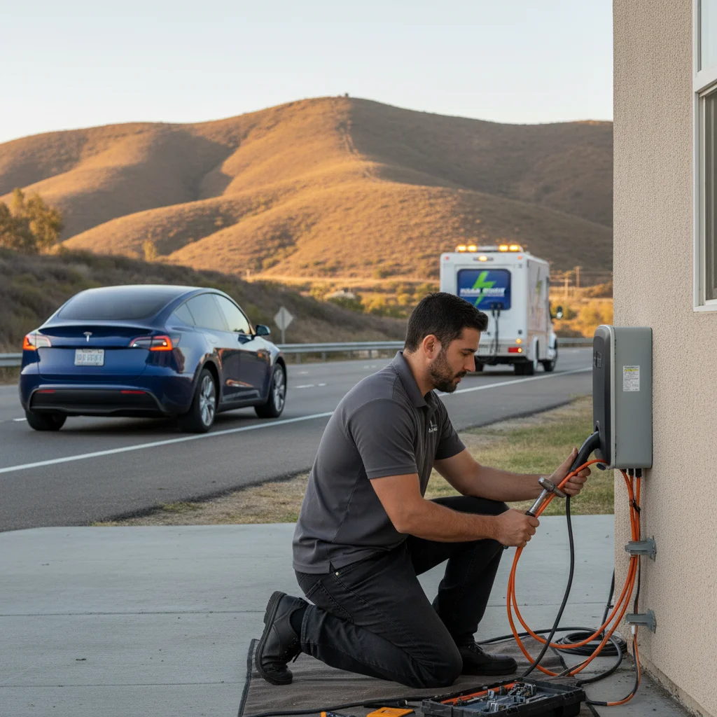 A parked electric car on a paved shoulder with a charging cable connected at the charge port.