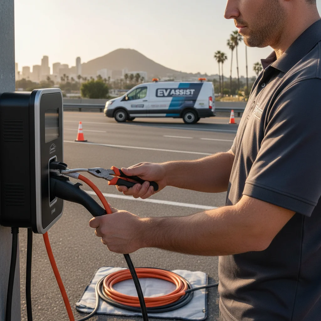 A technician plugging a portable charger cable into a compact electric SUV