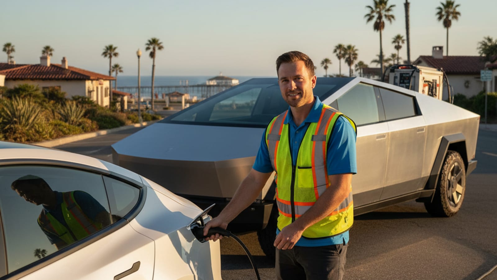 An electric car stopped on a paved shoulder with hazard lights on