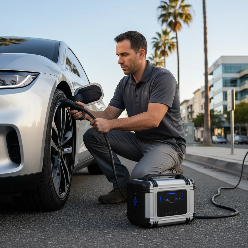 A charging cable plugged into an EV port beside a rescue truck