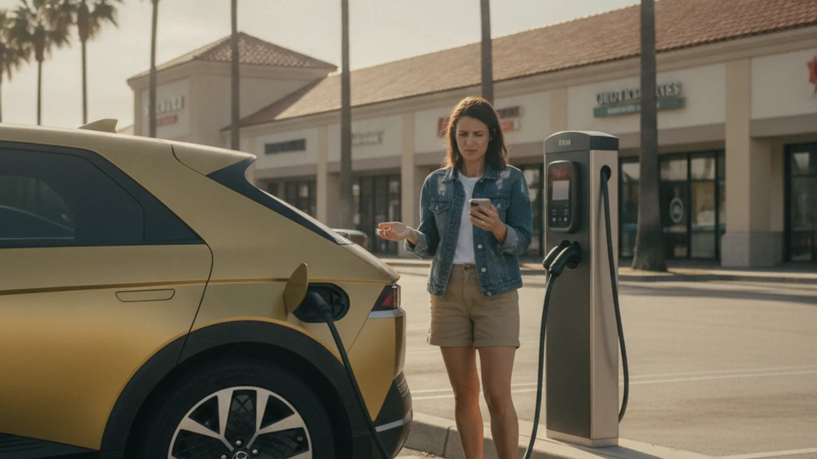 A driver standing beside a public fast-charging kiosk with an error light in a shopping center parking lot