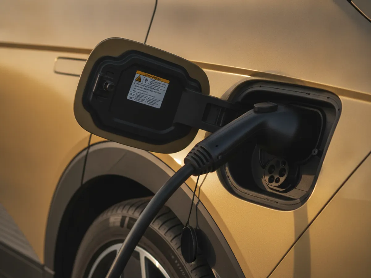 Close-up of a charging cable and adapter connected to a car's rear charge port during a mobile session