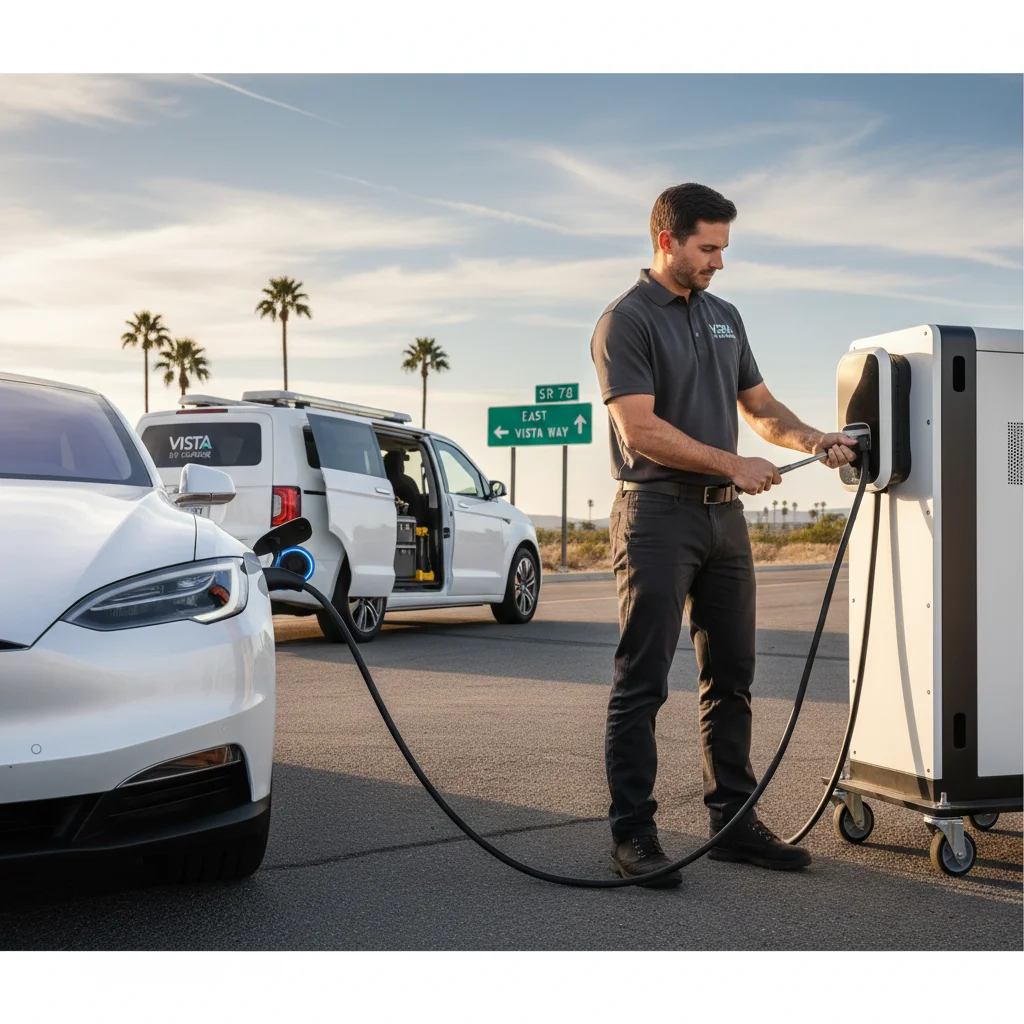 Mobile charging van parked behind a white EV on a paved roadside shoulder