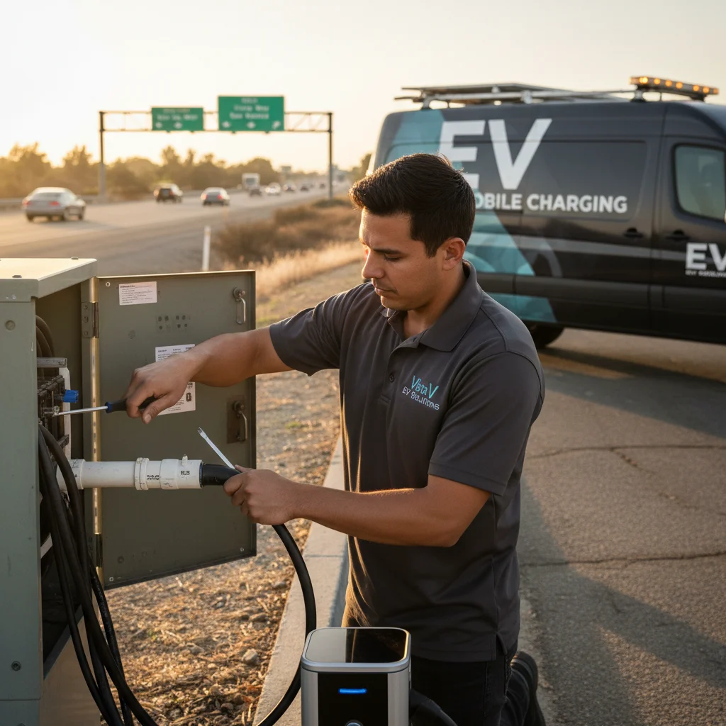 Technician connecting a charging cable to an EV in a paved parking lot