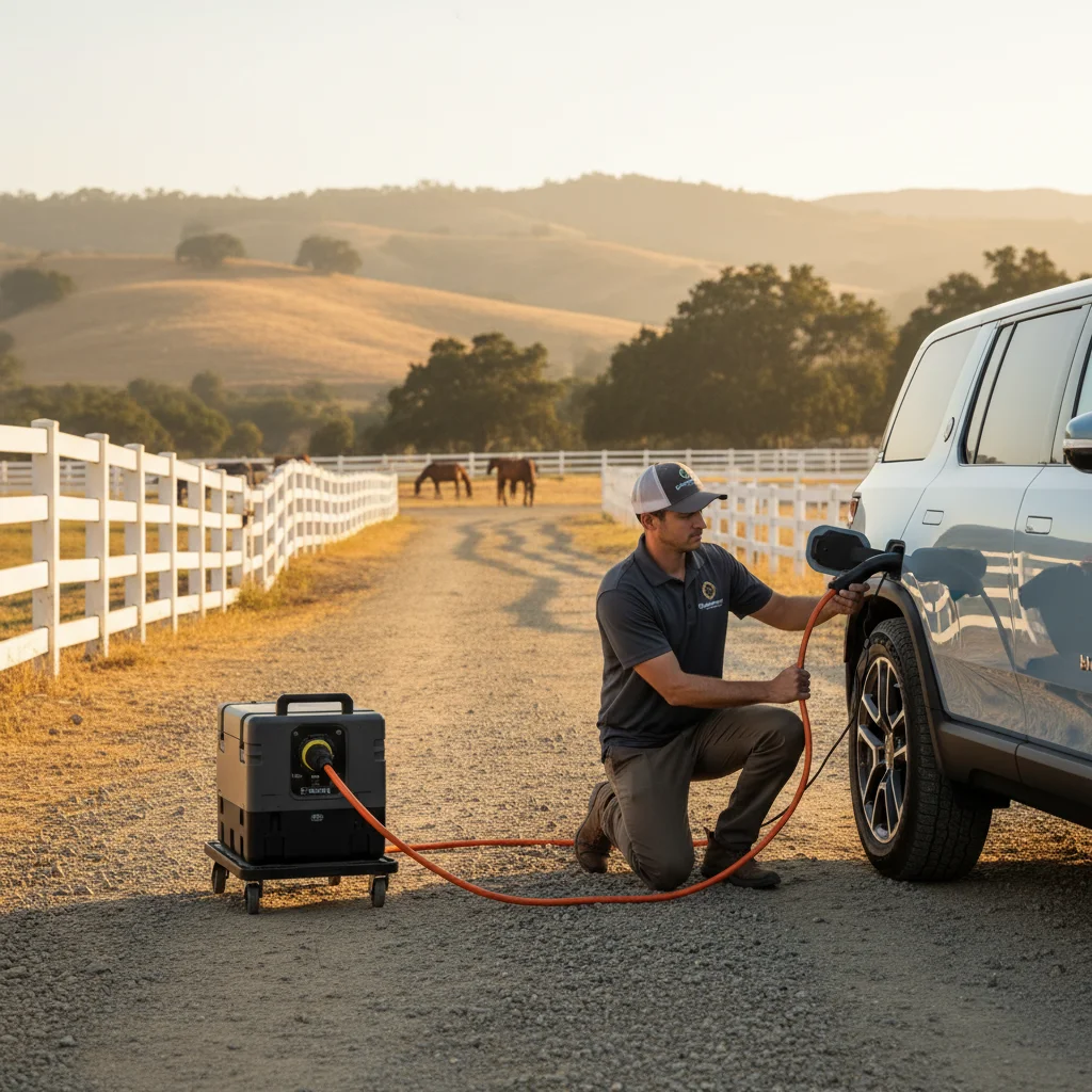 Technician plugging a portable charger into a Rivian SUV on a rural driveway beside horse fencing
