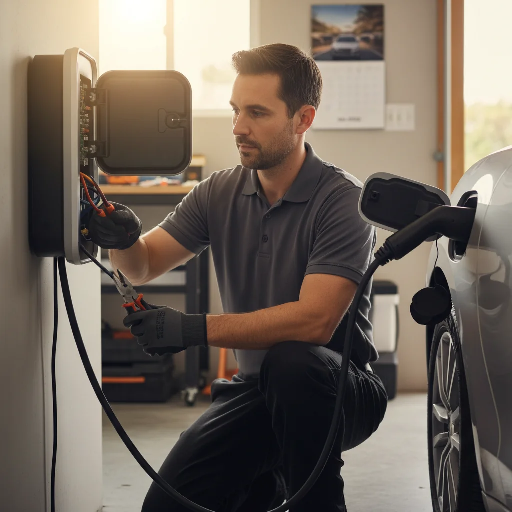 A charging cable plugged into an EV port while a technician kneels by the front bumper