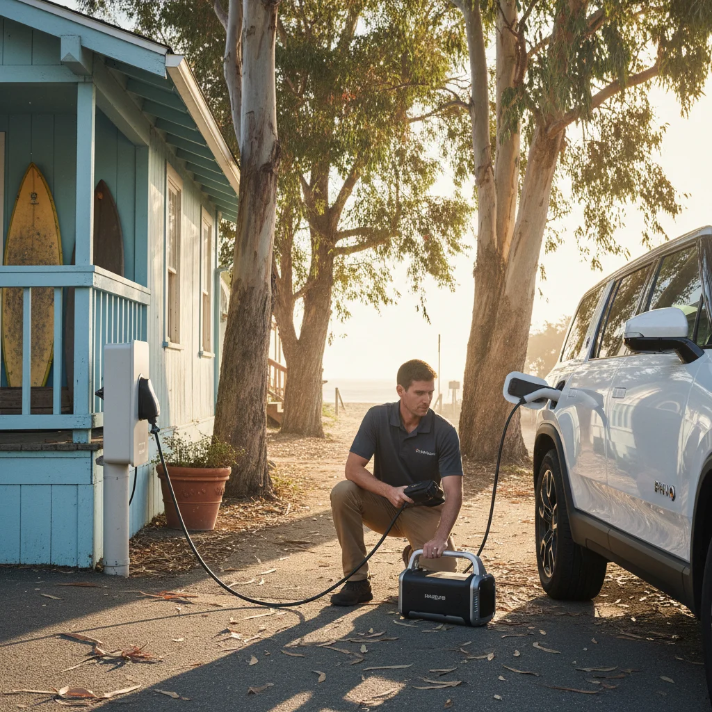 A charging cable connected to an EV parked along a paved roadside