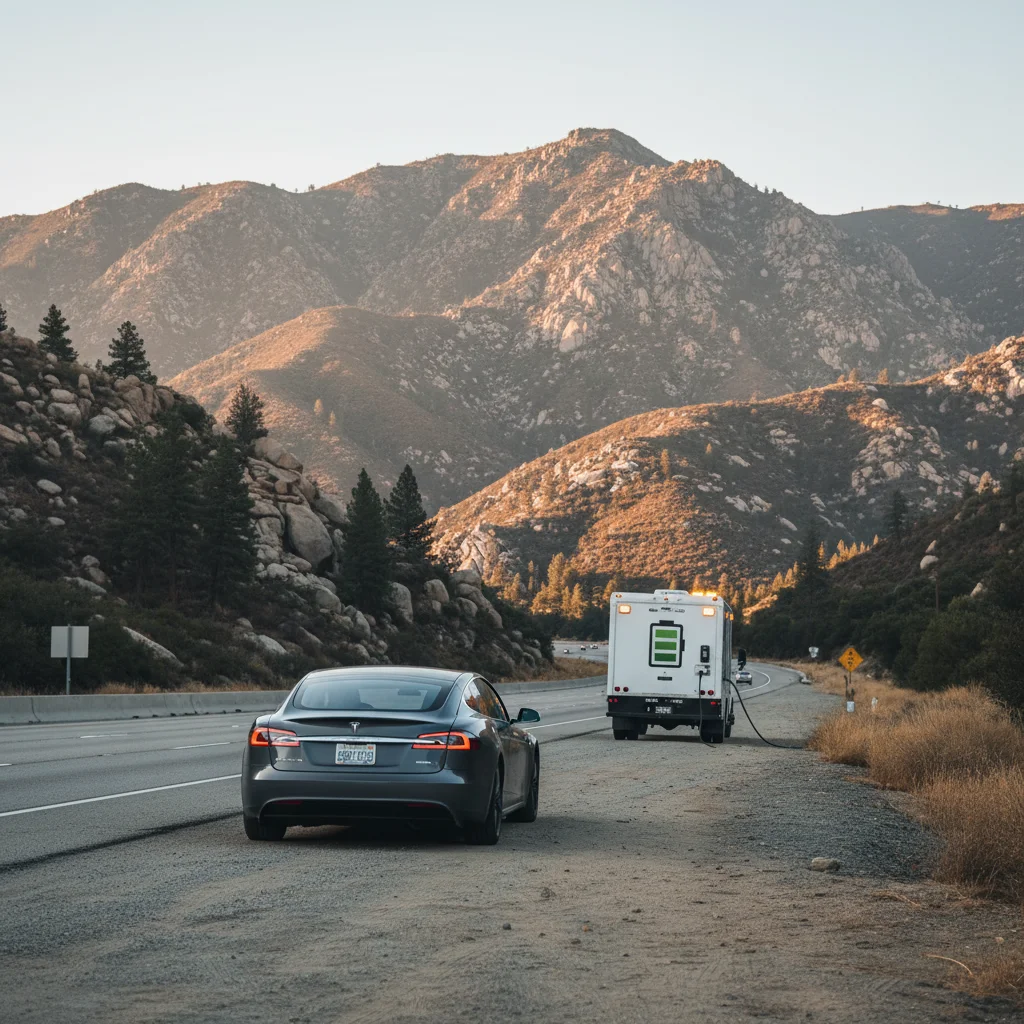 An electric car stopped on a highway shoulder with hazard lights flashing