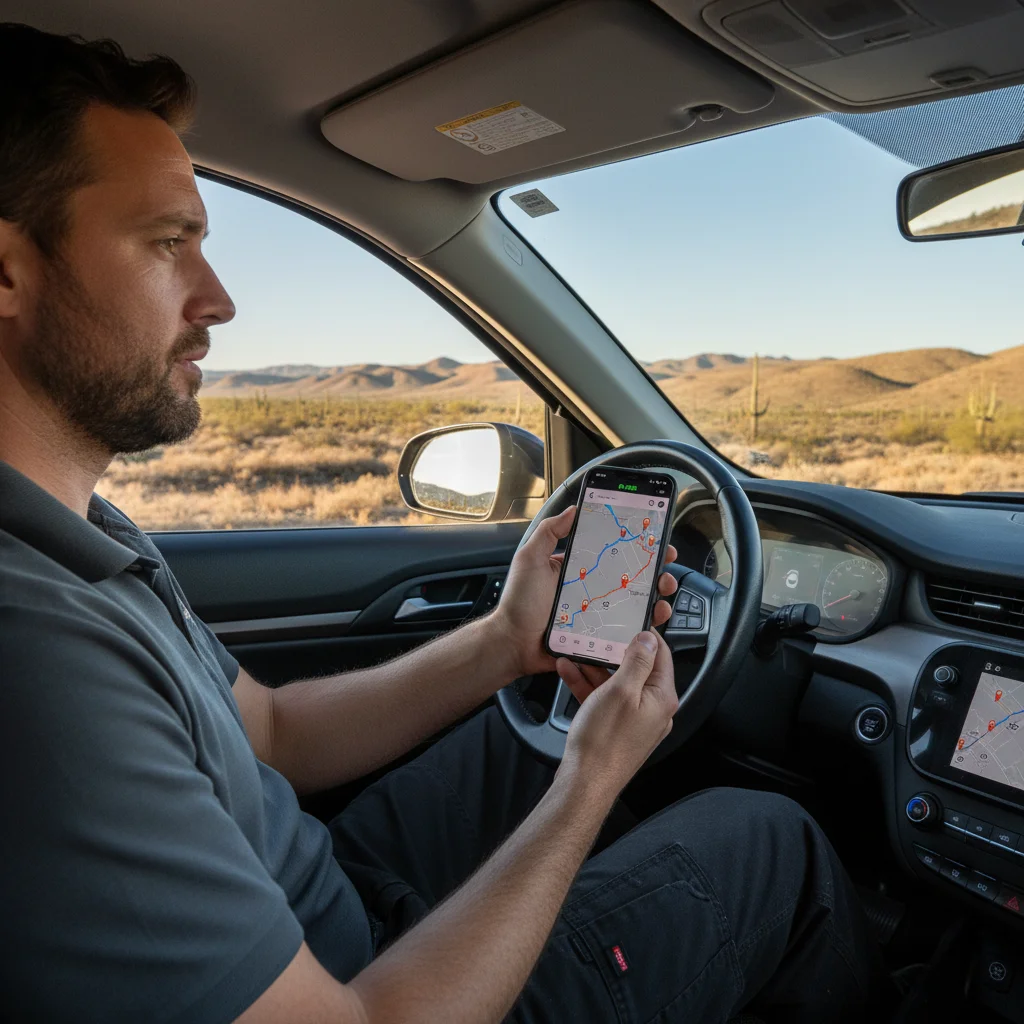 A driver standing beside a stopped electric car on a highway shoulder, looking at a phone