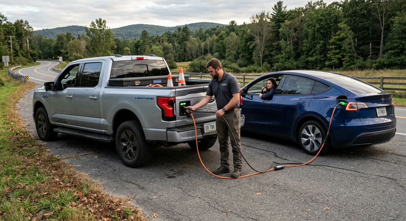 A Ford F-150 Lightning parked next to a stalled EV with a charging cable connected between them