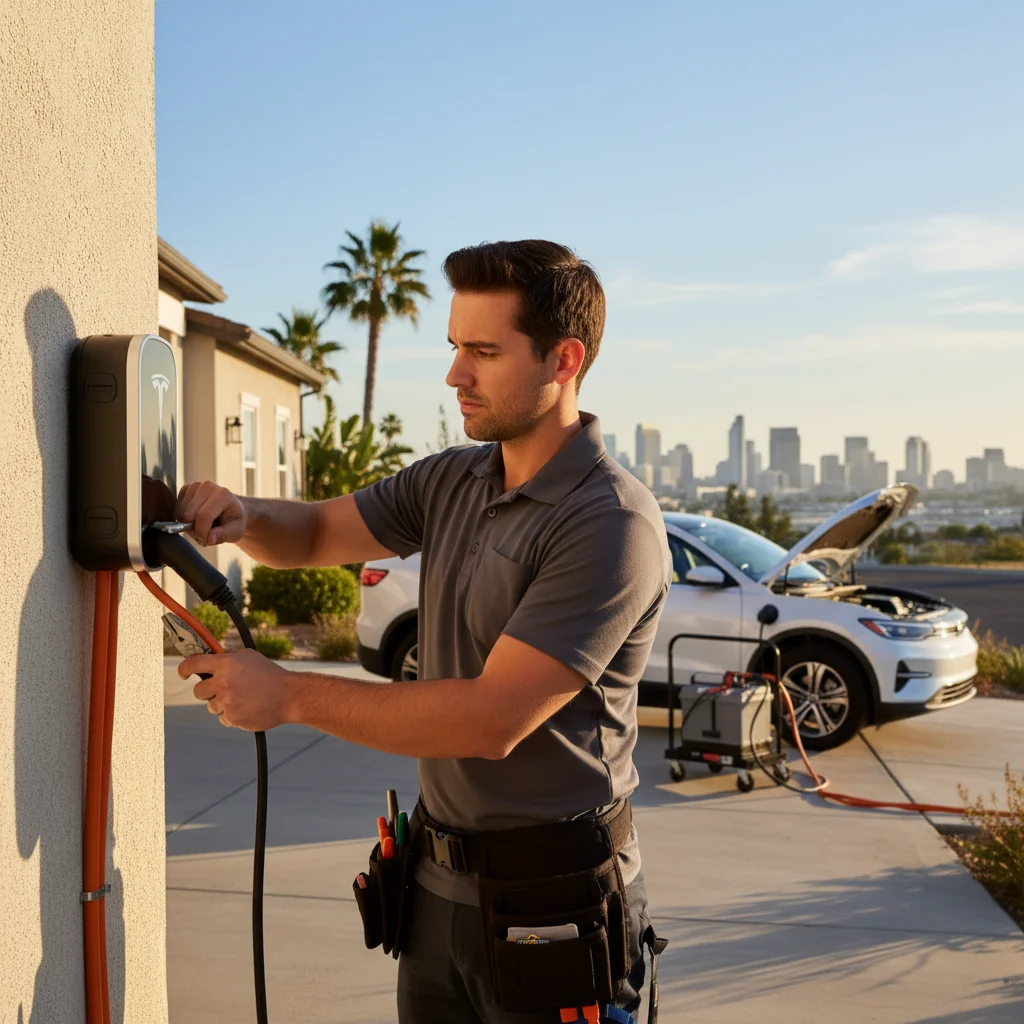 A technician connecting a charge cable to a dark electric crossover on a paved roadside shoulder