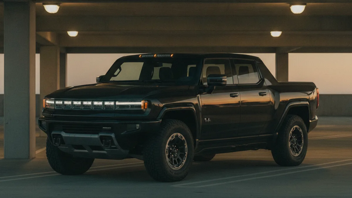 A dark GMC Hummer EV pickup in a parking structure with an unlit cabin and closed doors.