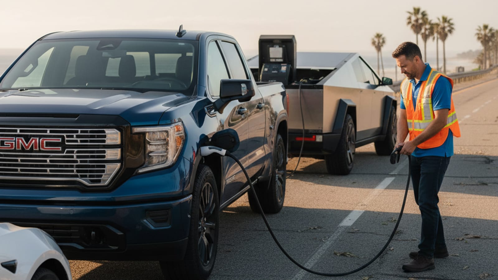 A large electric pickup stopped on a paved shoulder with hazard lights on