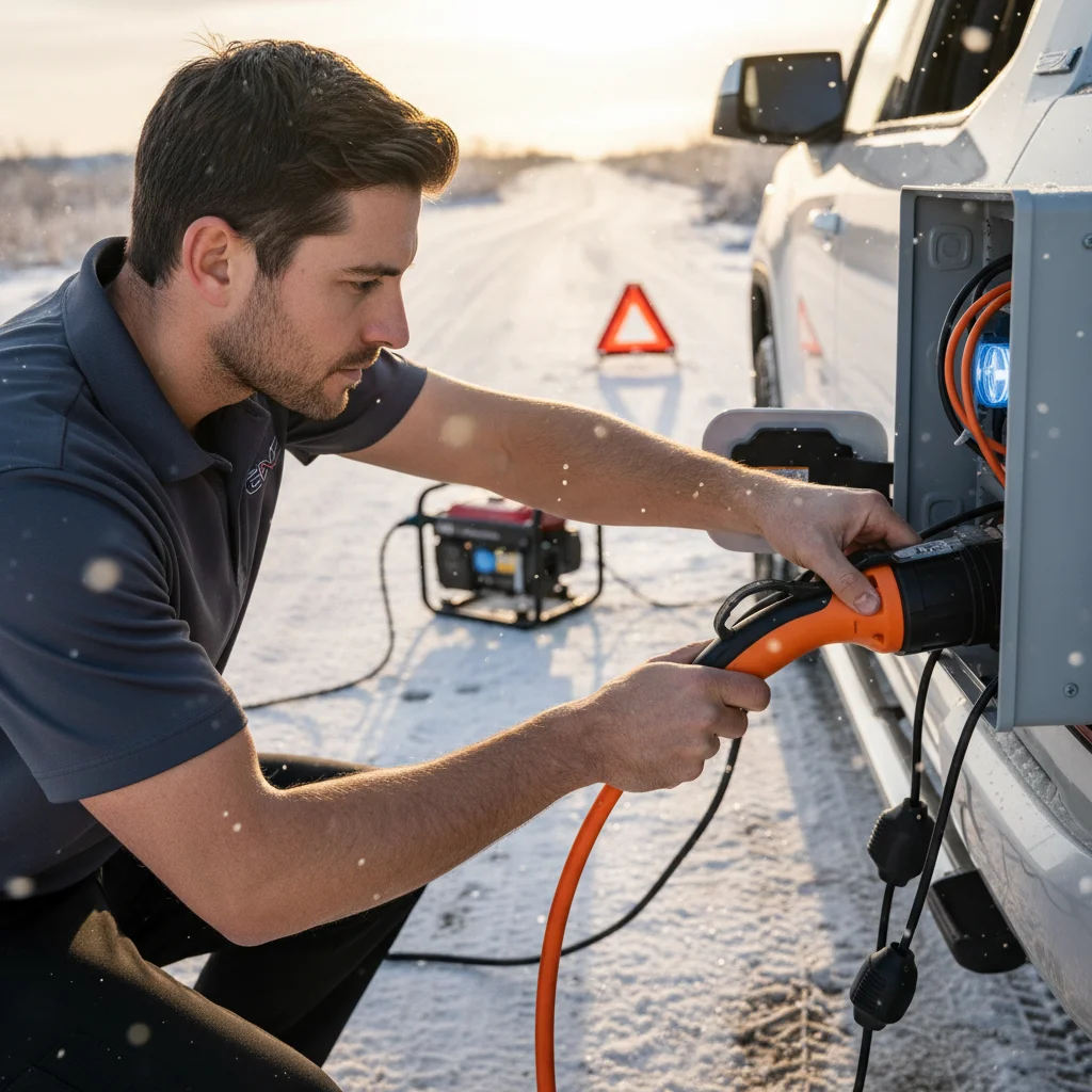 A charging cable plugged into an electric pickup port beside a roadside truck
