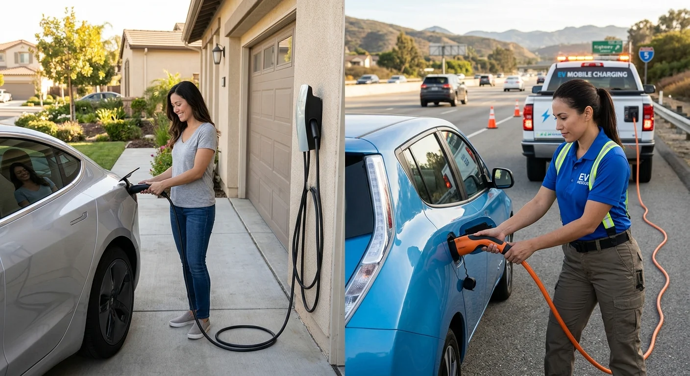 A home wall charger plugged into an EV beside a separate stranded electric car on a roadside shoulder