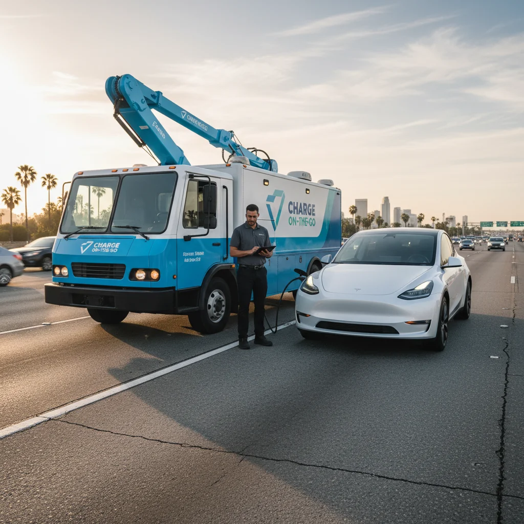 A mobile charging truck on a roadside shoulder connected by cable to a stranded electric car