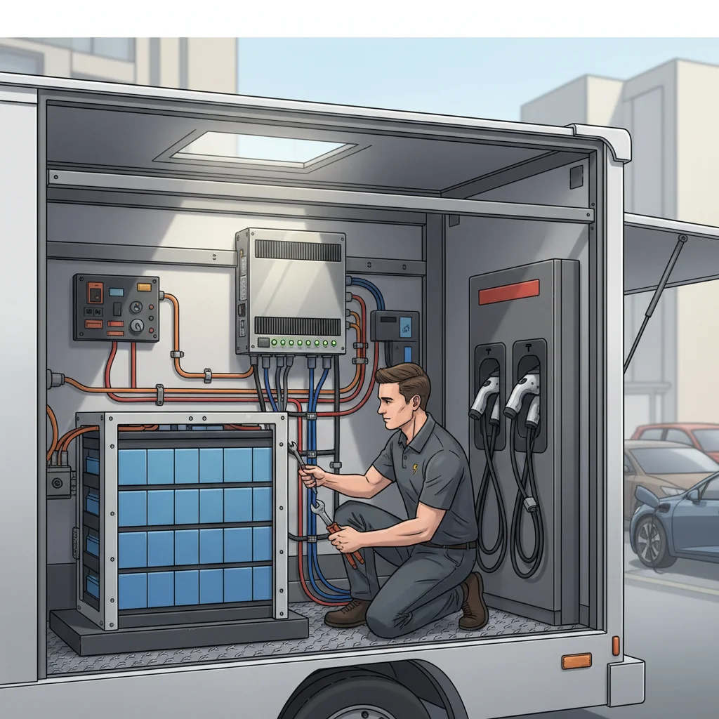 A charging cable running from a rescue truck to an electric car at the curb