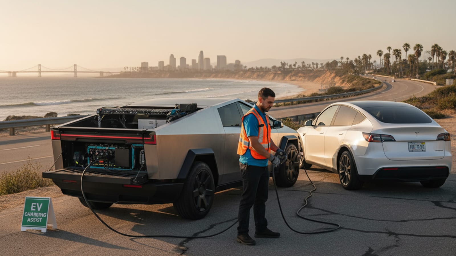 A charging cable plugged into an EV on a paved roadside shoulder beside a service truck