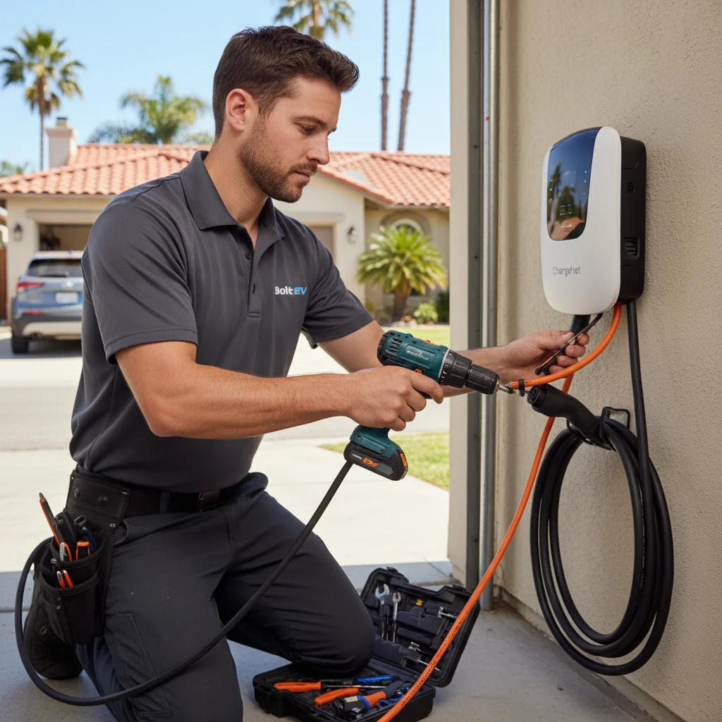 Gloved hands holding an EV charge handle at a vehicle port during a roadside stop