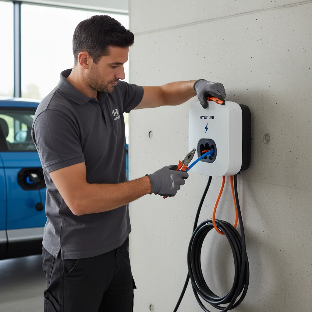 Charging cable plugged into an electric car beside a roadside curb