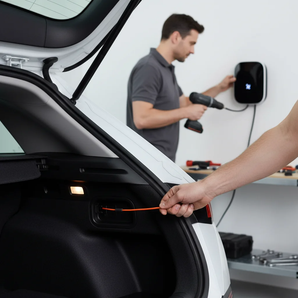 A hand pulling the manual charge-port release loop inside an Ioniq 5 cargo area