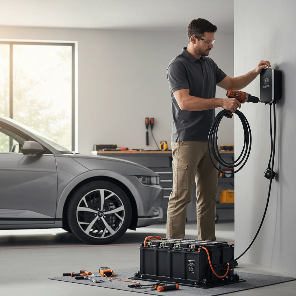 Hyundai Ioniq 5 plugged into a public DC fast charging stall on a hot day