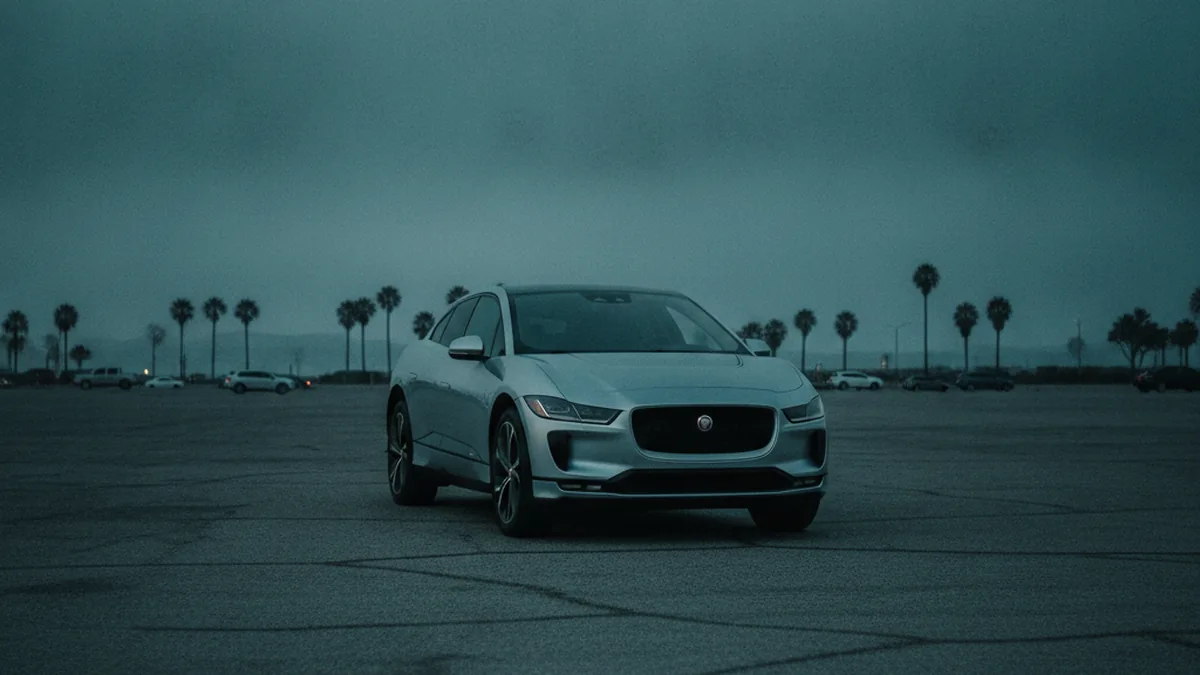 A dark luxury SUV with its charge port closed and no dashboard light in a sunlit parking lot