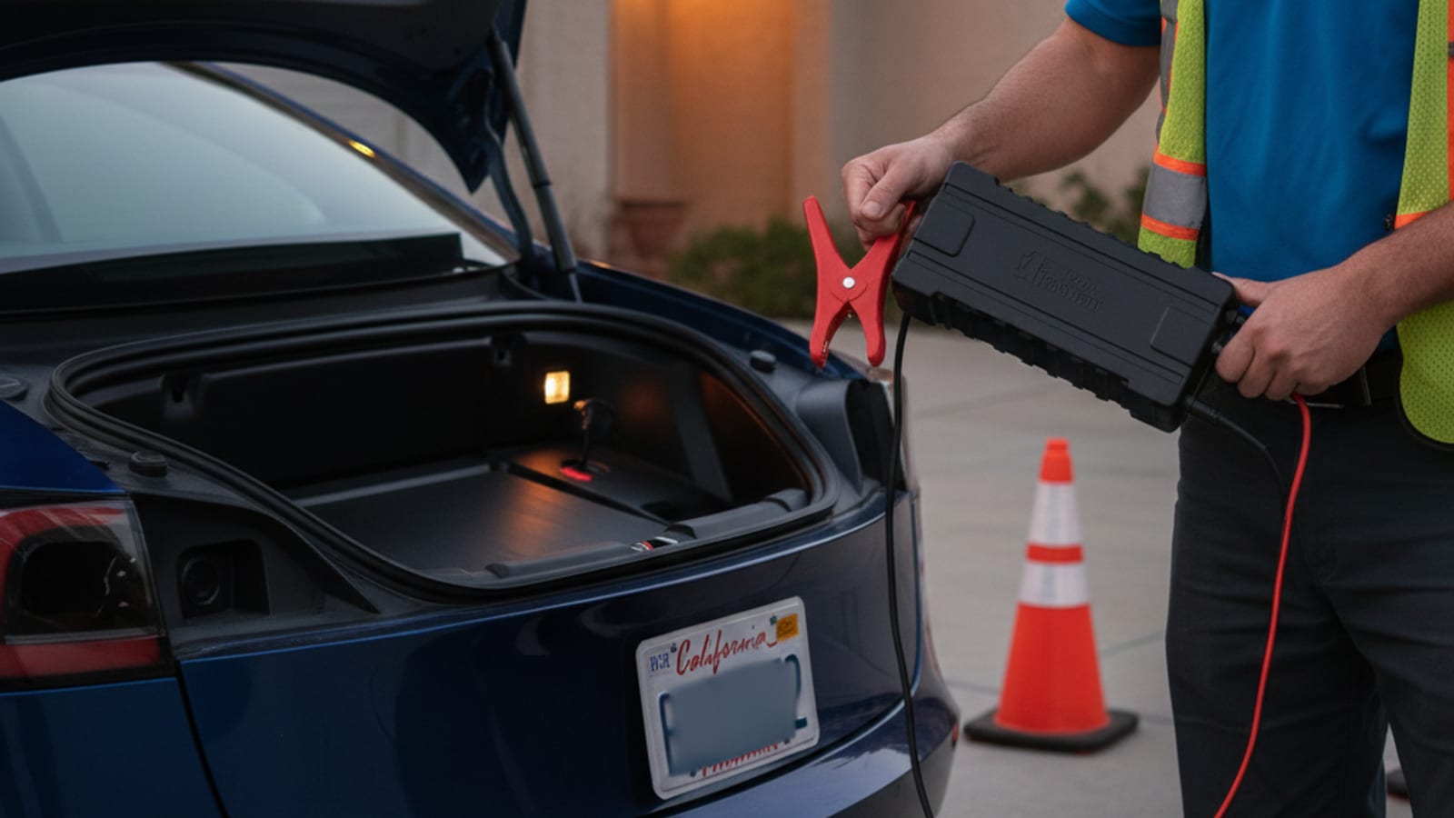 Portable lithium jump pack and cables set beside an EV on a paved shoulder