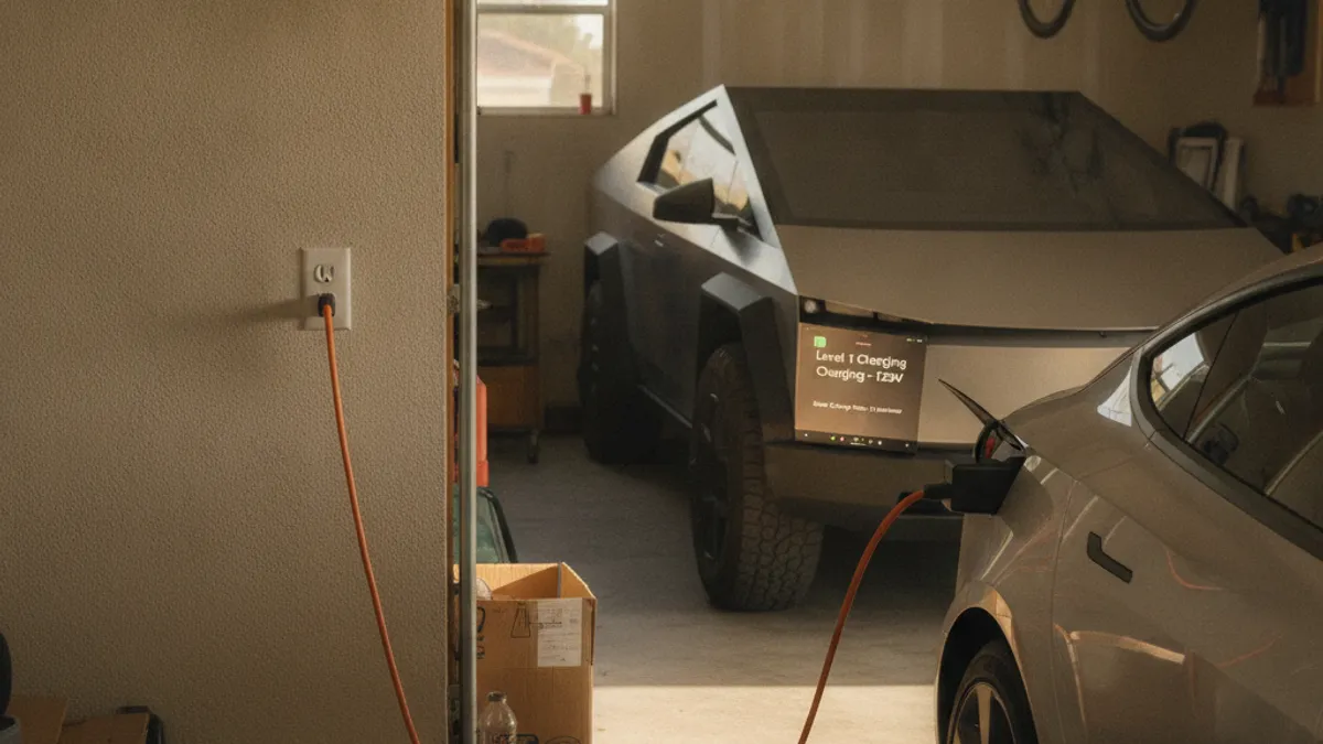 A standard 120-volt Level 1 EV charger plugged into a garage outlet in Phoenix