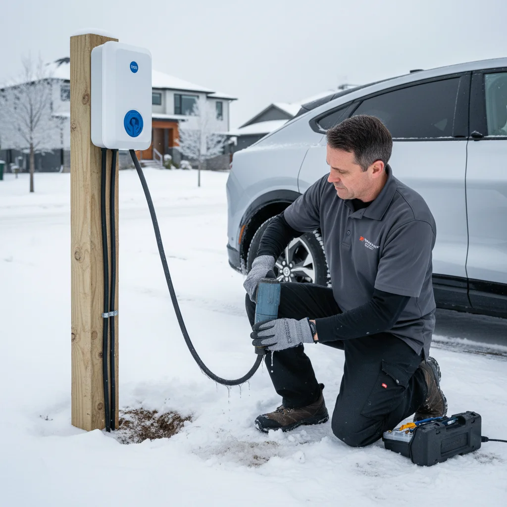 CCS cable locked into a Mustang Mach-E charge port on a parked EV