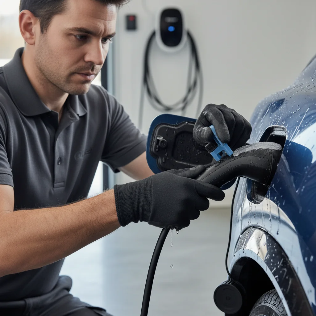 Hand pulling a manual charge-port release strap inside an open EV frunk