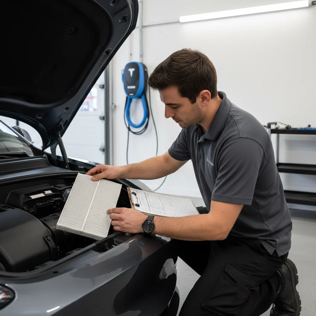 A technician checking an open EV cabin-filter housing in a workshop