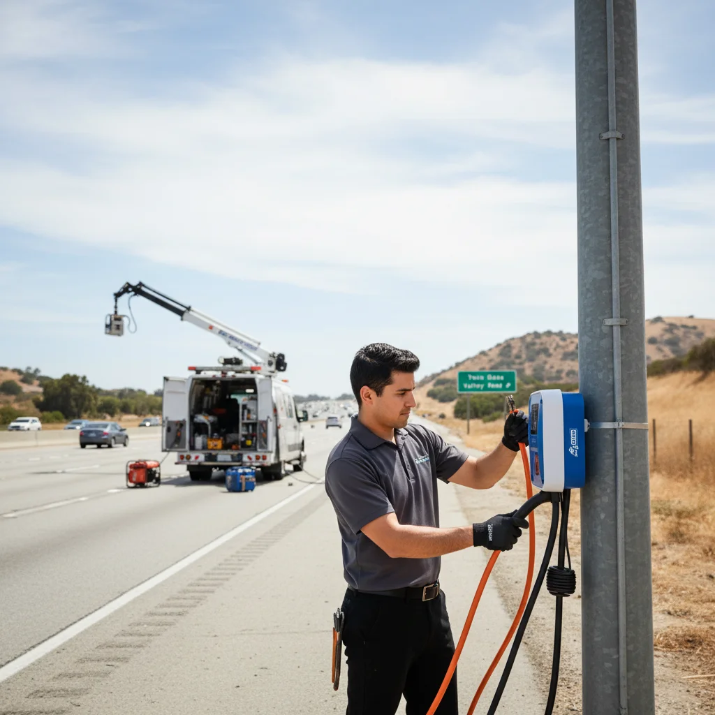 An electric car stopped on a freeway shoulder with hazard lights on as traffic passes