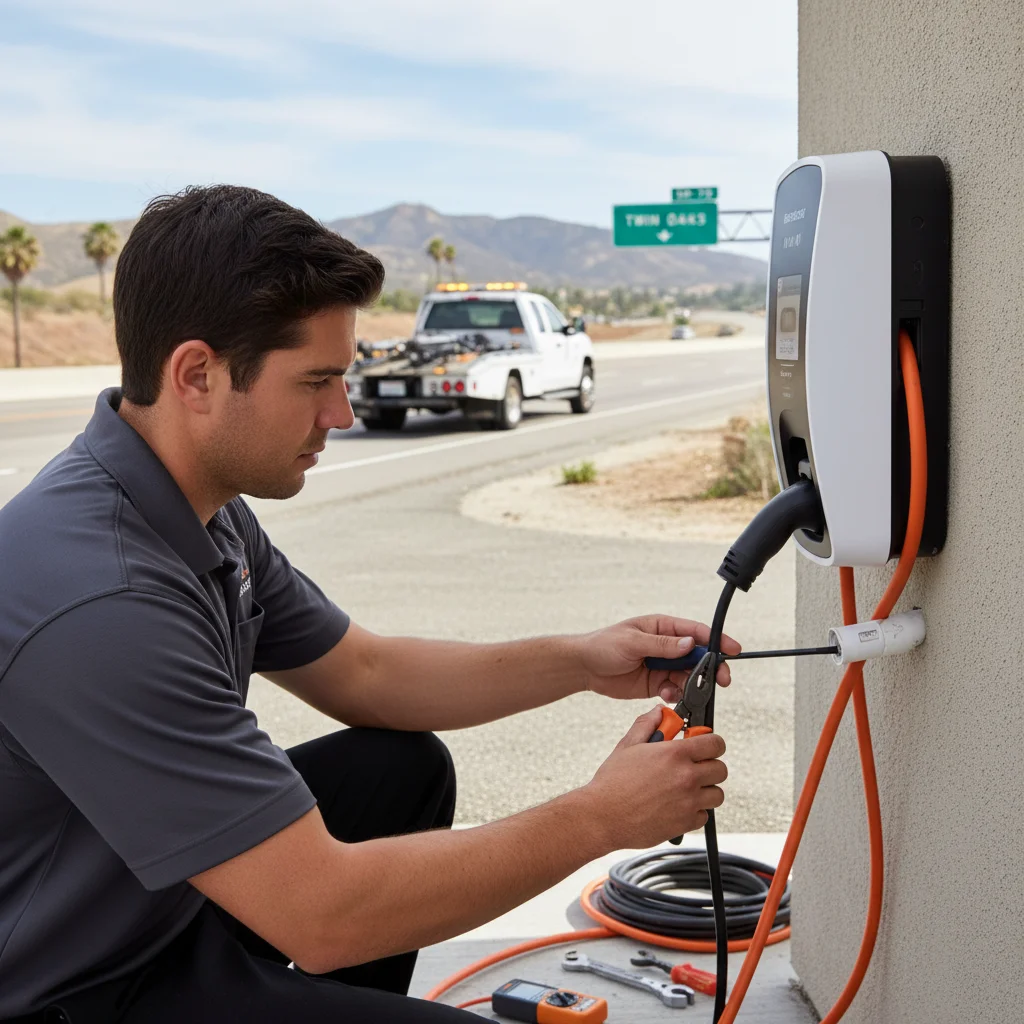 A technician plugging a portable charge cable into a parked electric car