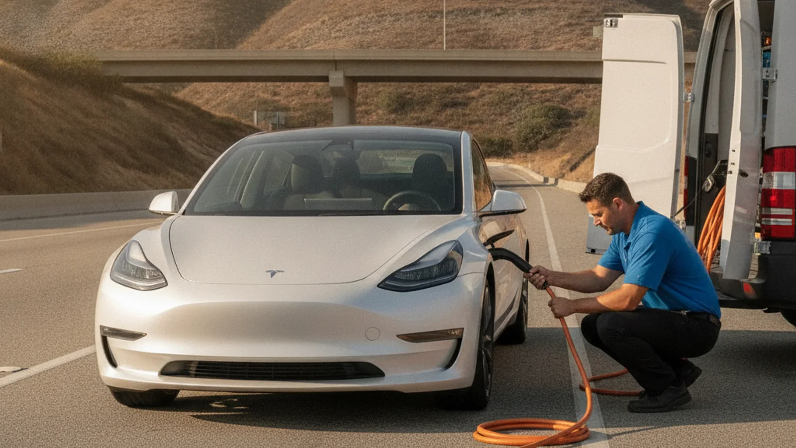 A charging truck meeting a stranded electric car on a sunlit road in Surprise Arizona