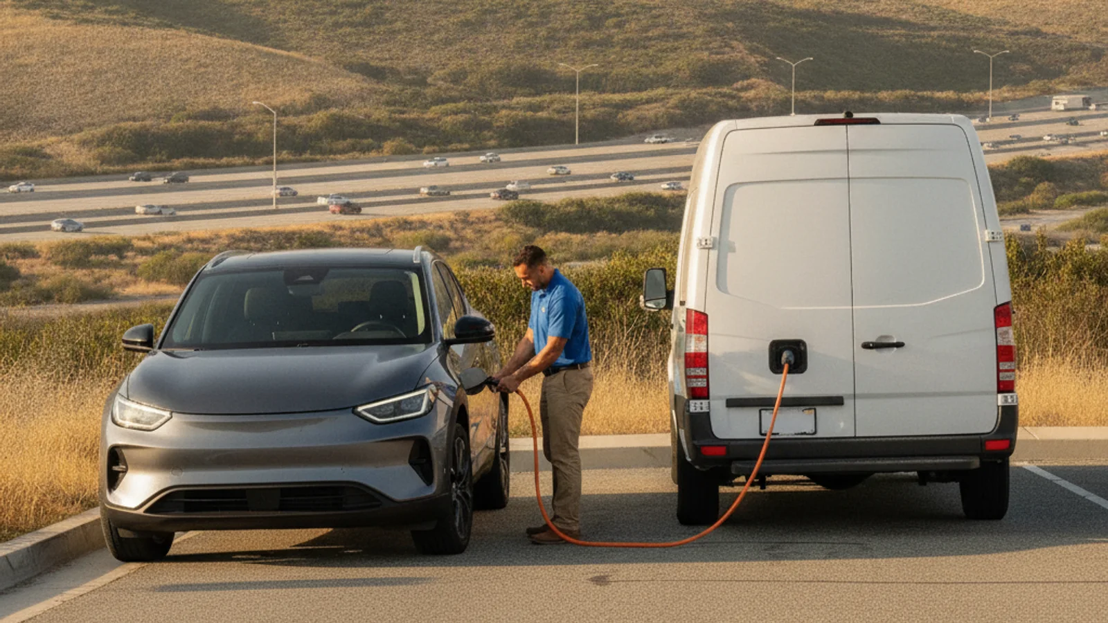 A charging truck meeting a stranded electric car on the Loop 101 Price freeway shoulder
