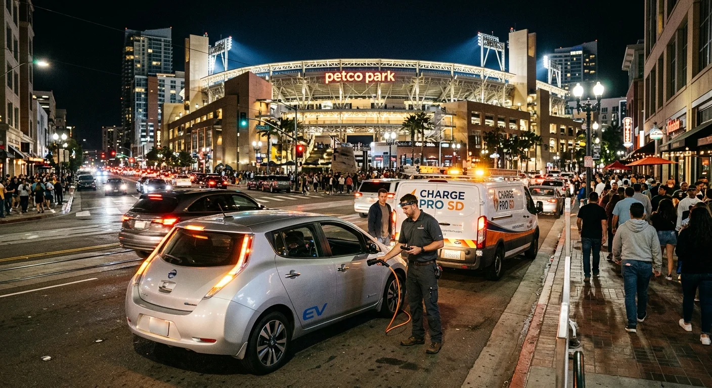 A charging truck meeting a stranded electric car in a sunlit downtown Phoenix parking garage near Chase Field