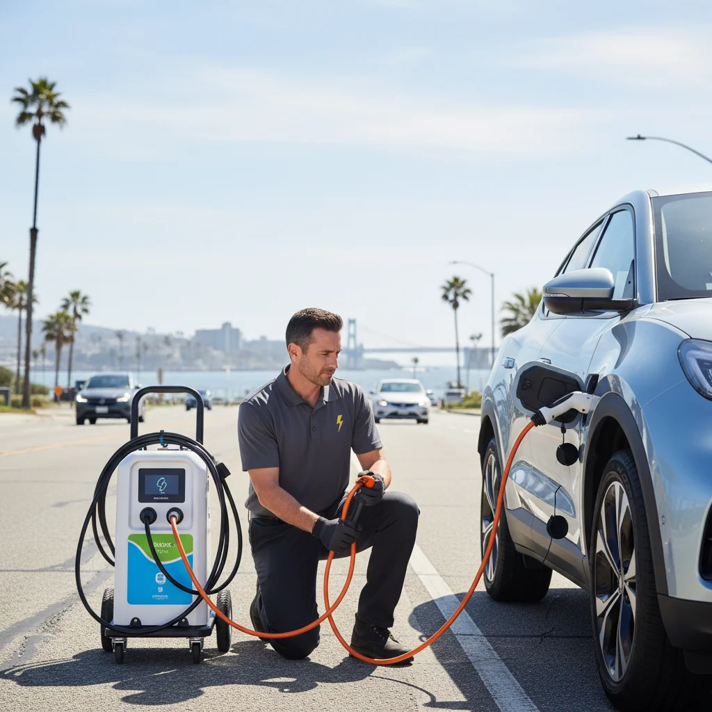 A charging truck meeting a stranded electric car on a sunlit Phoenix-area road shoulder