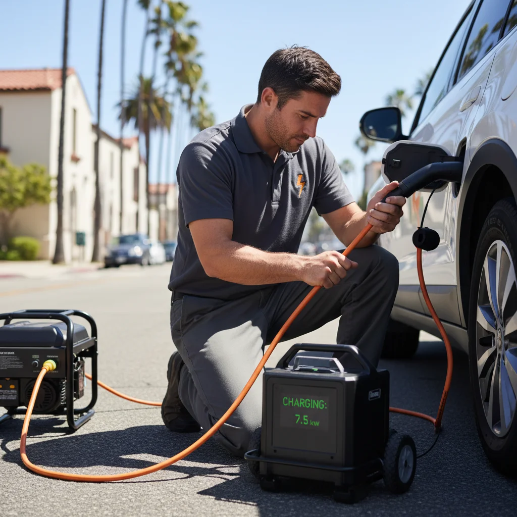 Close-up of a portable Level 2 charging cable running from a mobile truck to a stranded EV