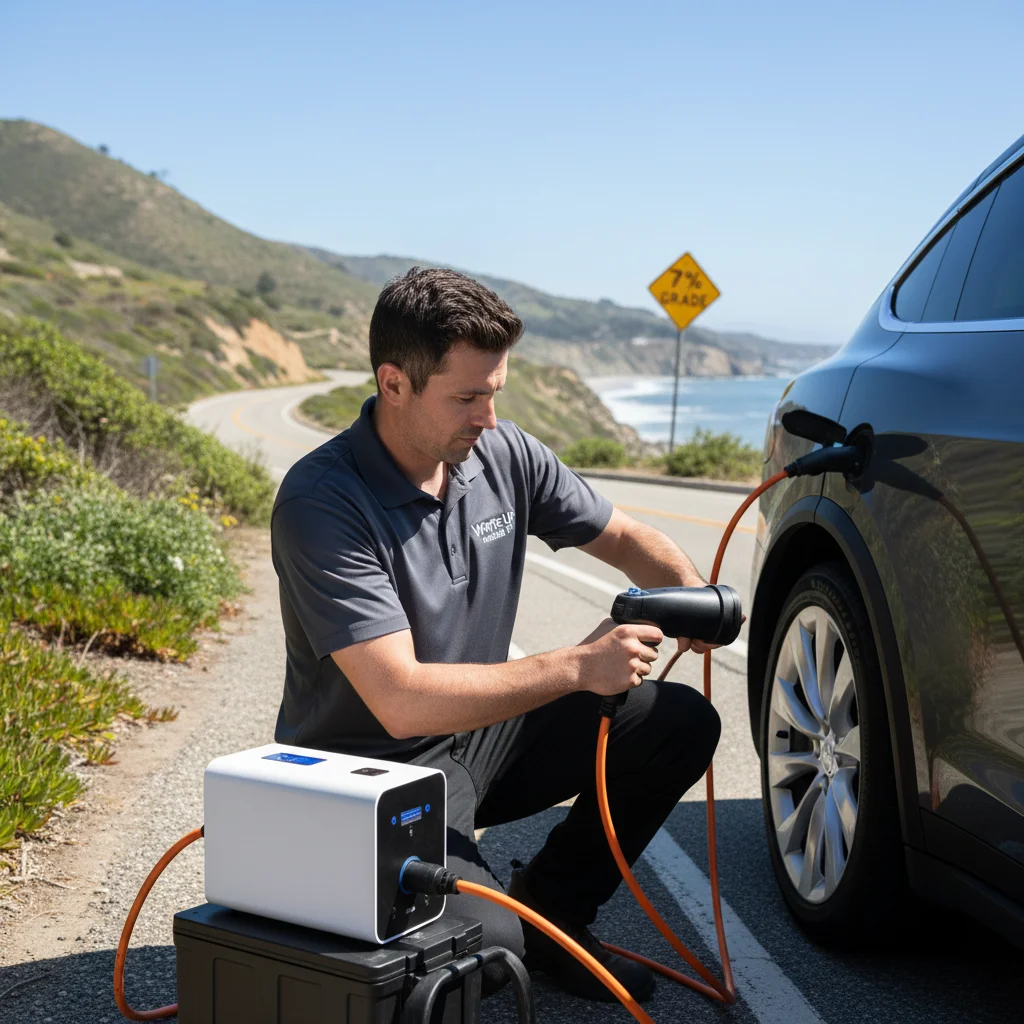 A portable Level 2 charging cable running from a mobile truck to a stranded EV on a desert road