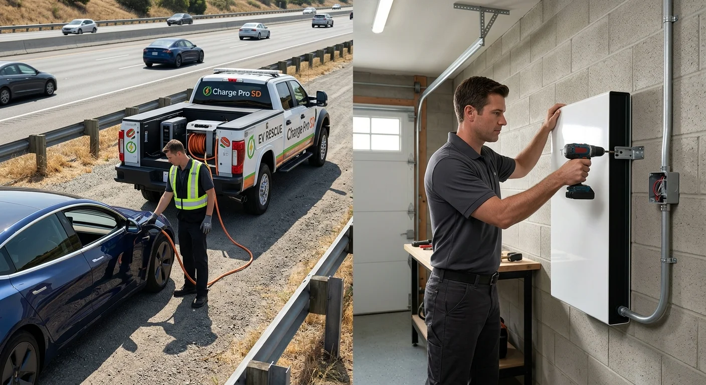 Side-by-side of a wall-mounted home battery and a mobile charging truck helping a stranded EV