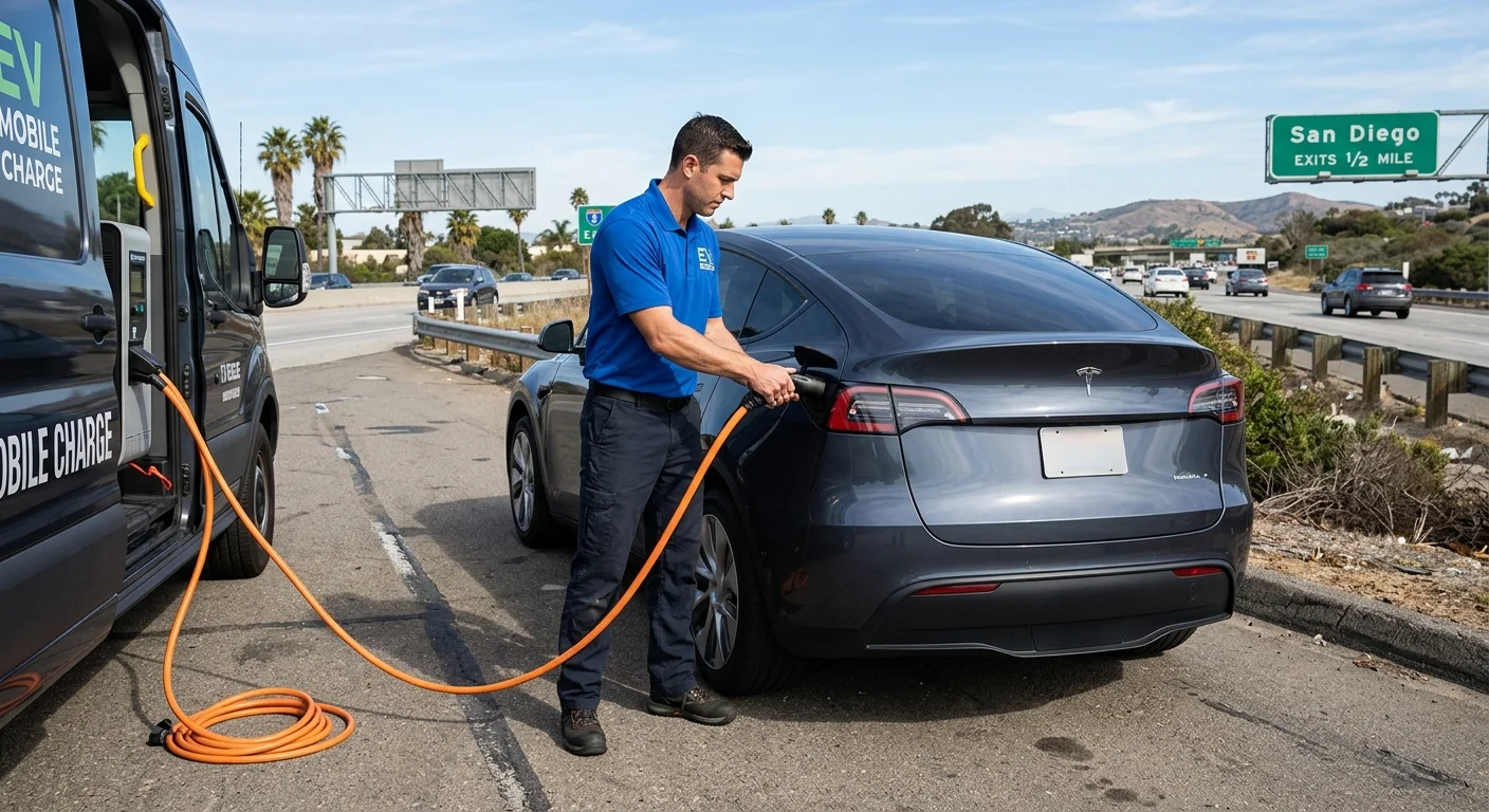 A mobile charging truck meeting a Tesla on a sunlit Phoenix-area road shoulder with a native NACS connector