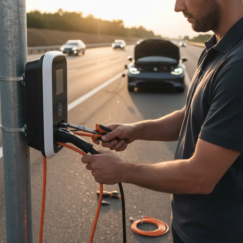 A close-up of a mobile EV charging connector plugged into a stranded car on a freeway shoulder