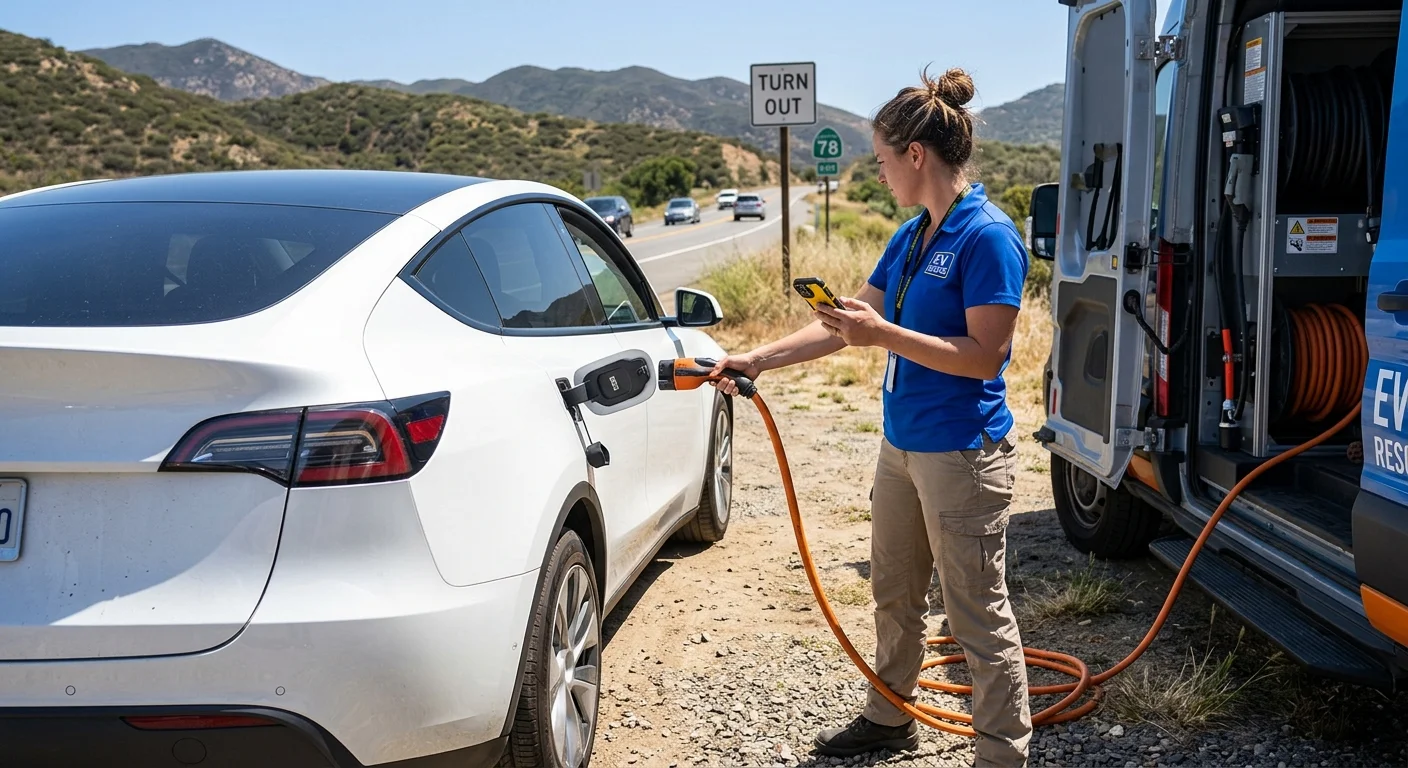 An electric vehicle parked in a roadside turnout while a driver waits nearby