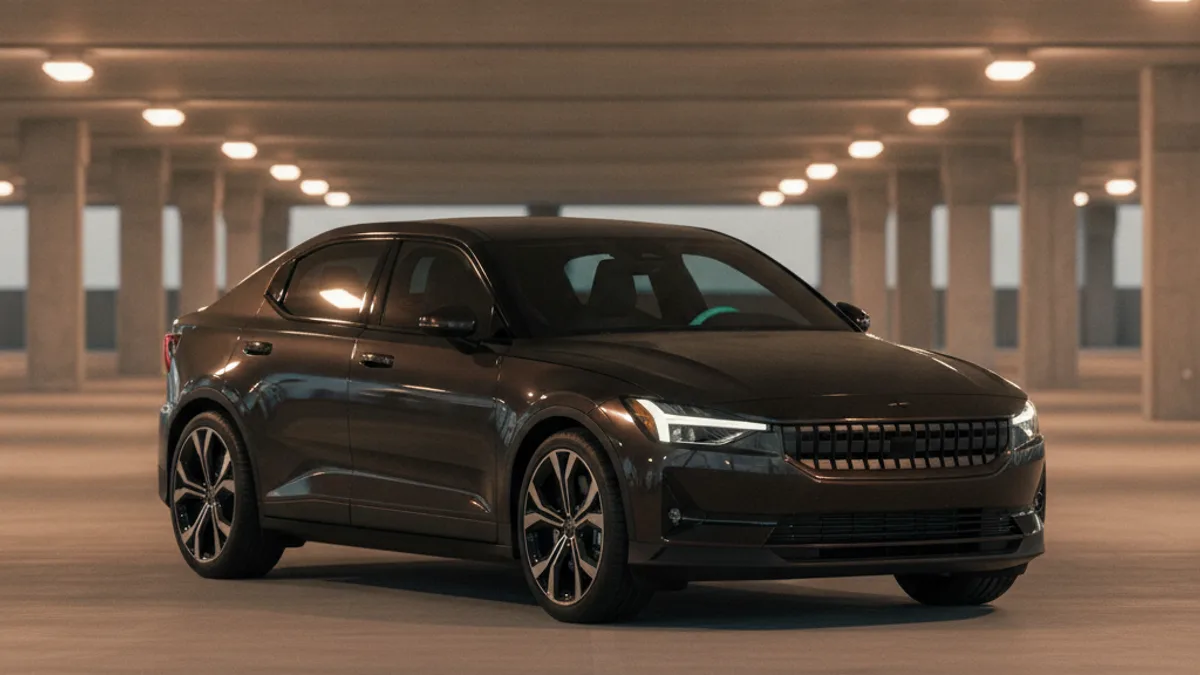 A Polestar 2 electric liftback parked in a sunlit driveway with a dark dashboard