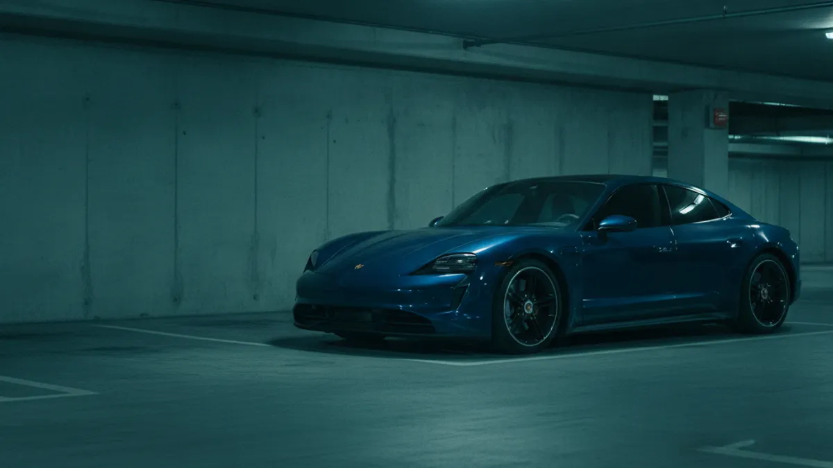 A Porsche Taycan sports sedan parked in a sunlit driveway with a dark dashboard